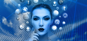 A beautiful face woman thinking about several apps and technology, A good-looking woman visualizing different custom apps and their development features,